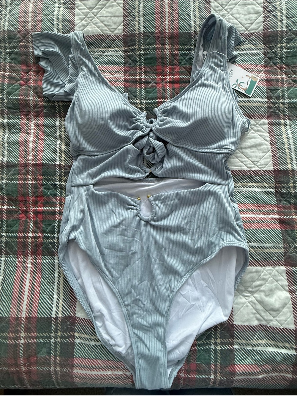 Ribbed Light Blue One-Piece Swimsuit with Front Knot and Cutouts